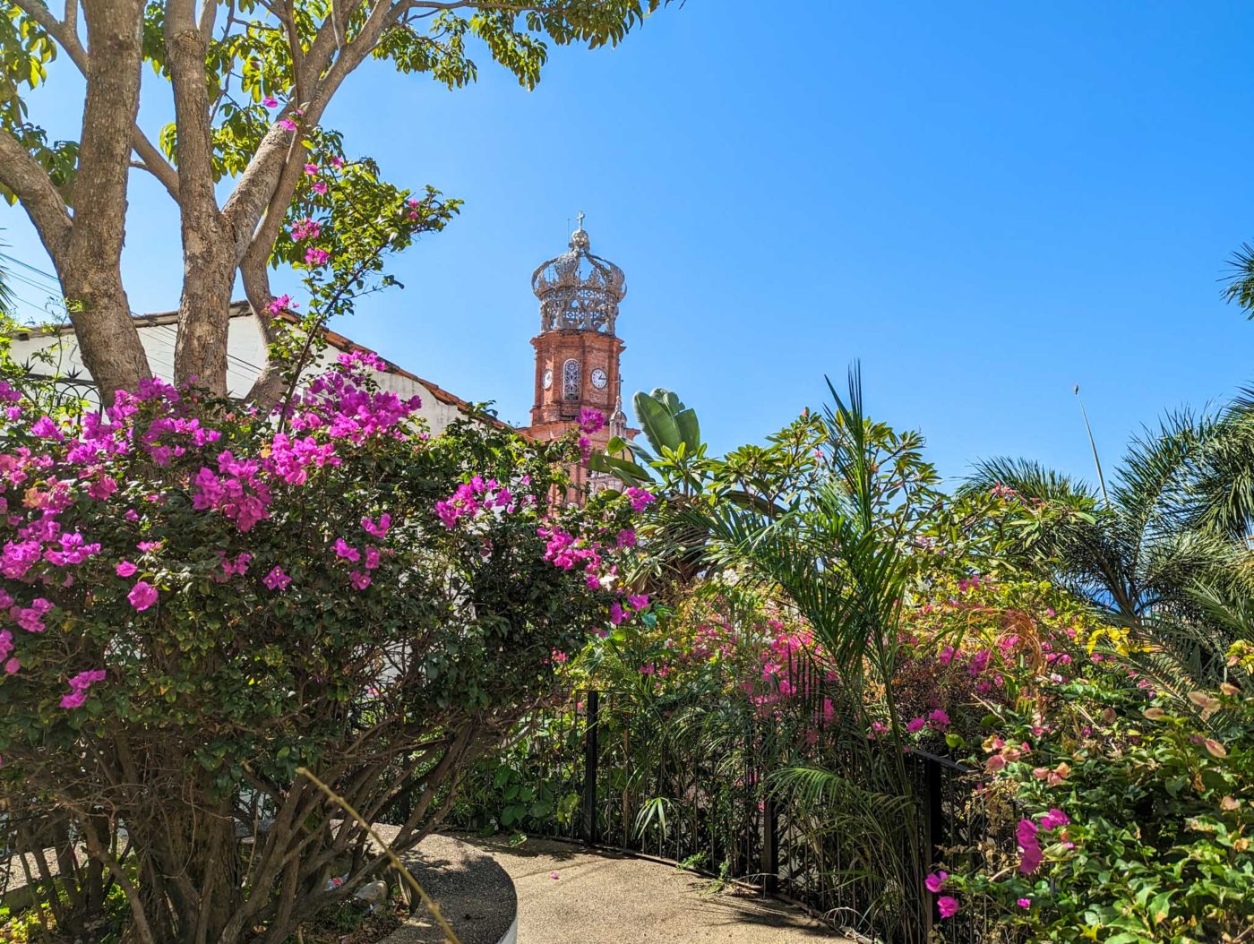 a clock tower in the middle of a garden.