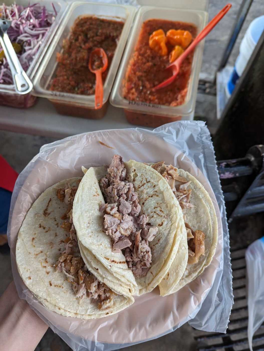 a person holding a plate of tacos and a bowl of chili.