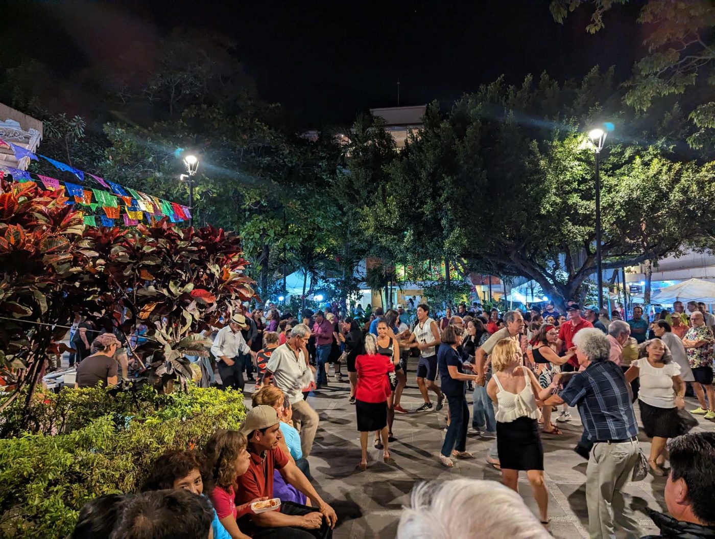 a crowd of people walking around a park at night.