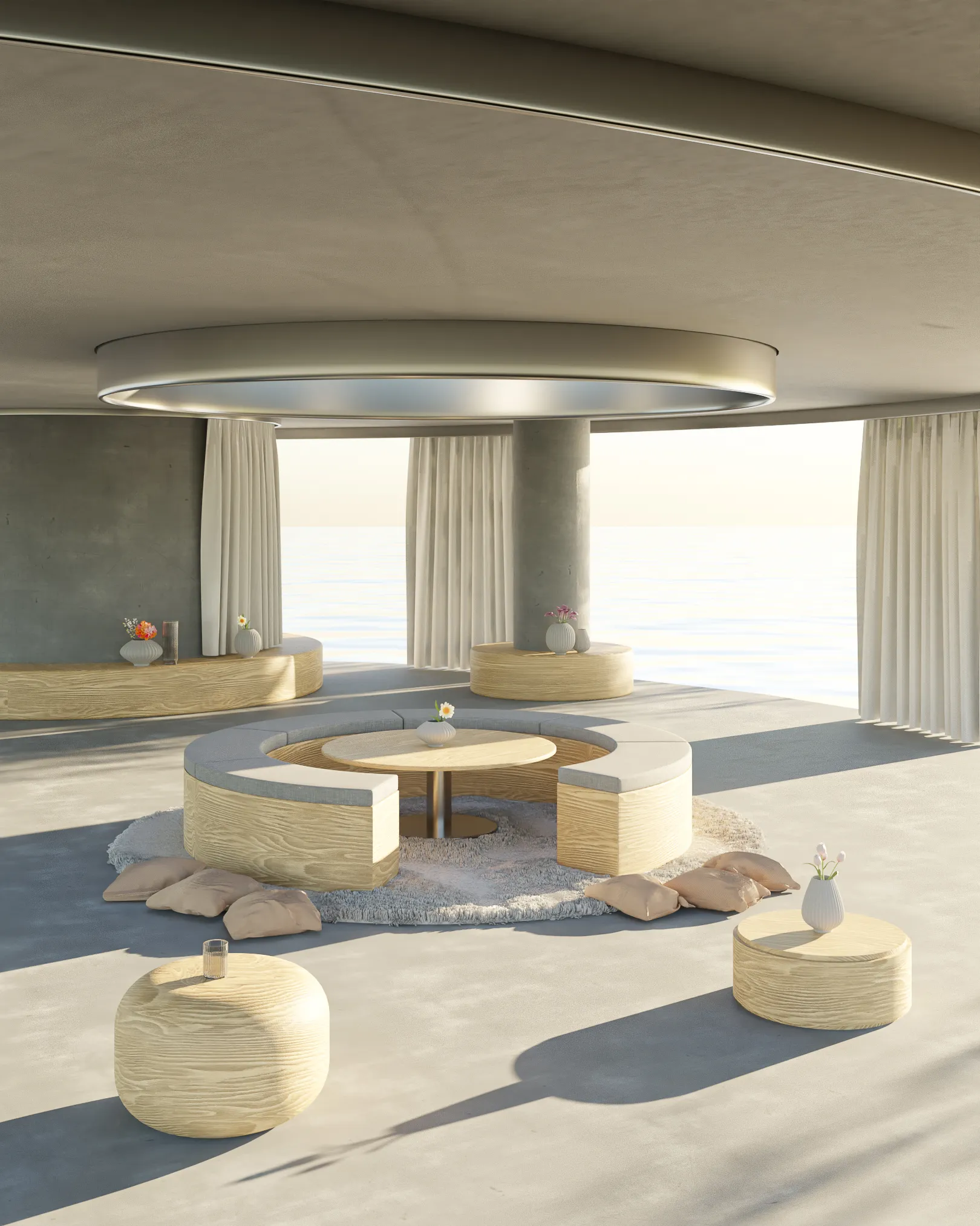 A 3d model of a living room with a circular table and chairs.